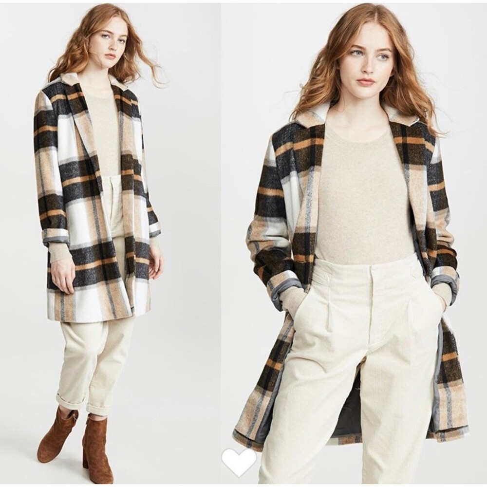 Cupcakes Cashmere Cher Check Plaid Blazer Coat Size Large Oversized White Tan